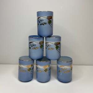 Vintage 6pc Japanese Gold Crane Blue Tea Cup